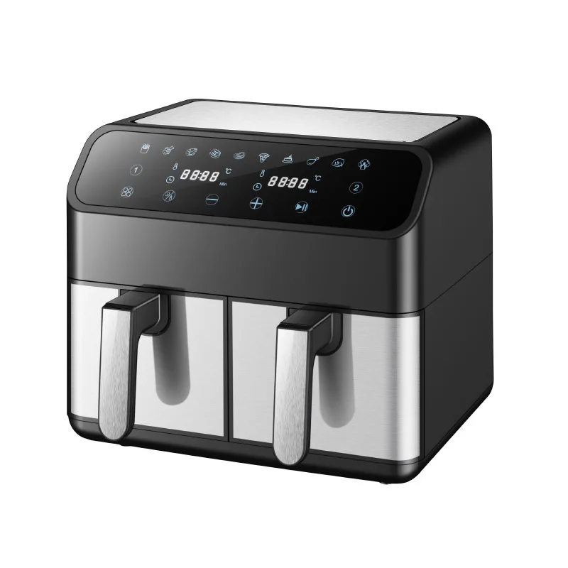 8L 2000W Stainless Steel Air Fryer Double Basket Digital Display with 8 Cooking Presets Oilless Cooker Dishwasher Safe Basket 6