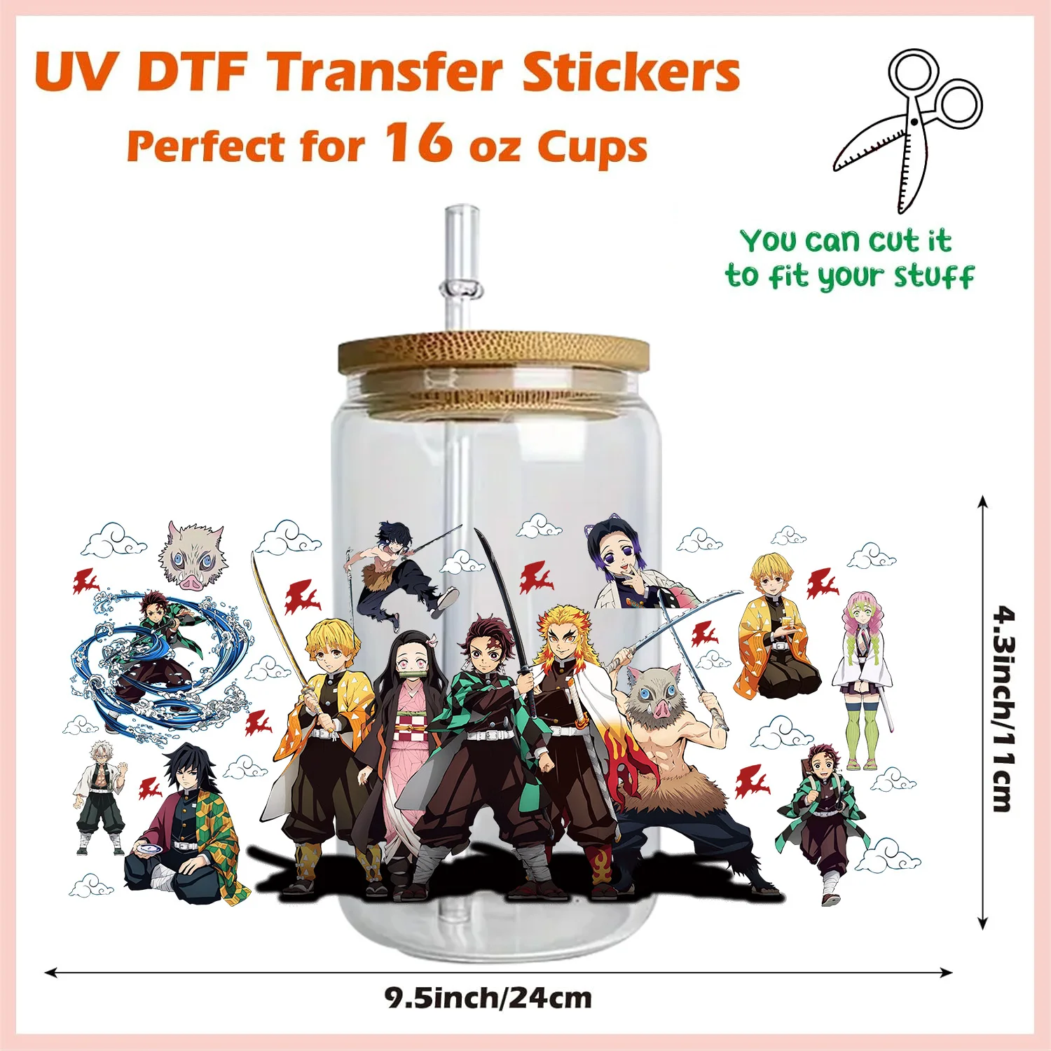 Japanese anime peel waterproof DIY Decals 3D transfers uvdtf crystal stickers 16oz uv dtf cup wraps for Libbey Glasses