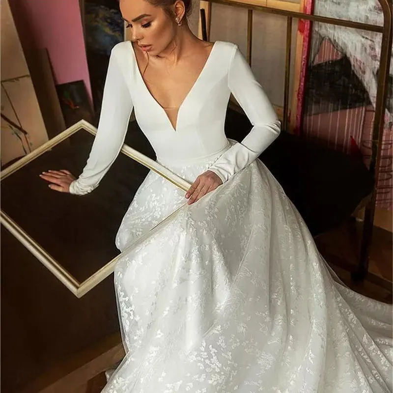 Elegant V-Neck Court Train Wedding Dress Lace A-Line Bridal Gown customized 3