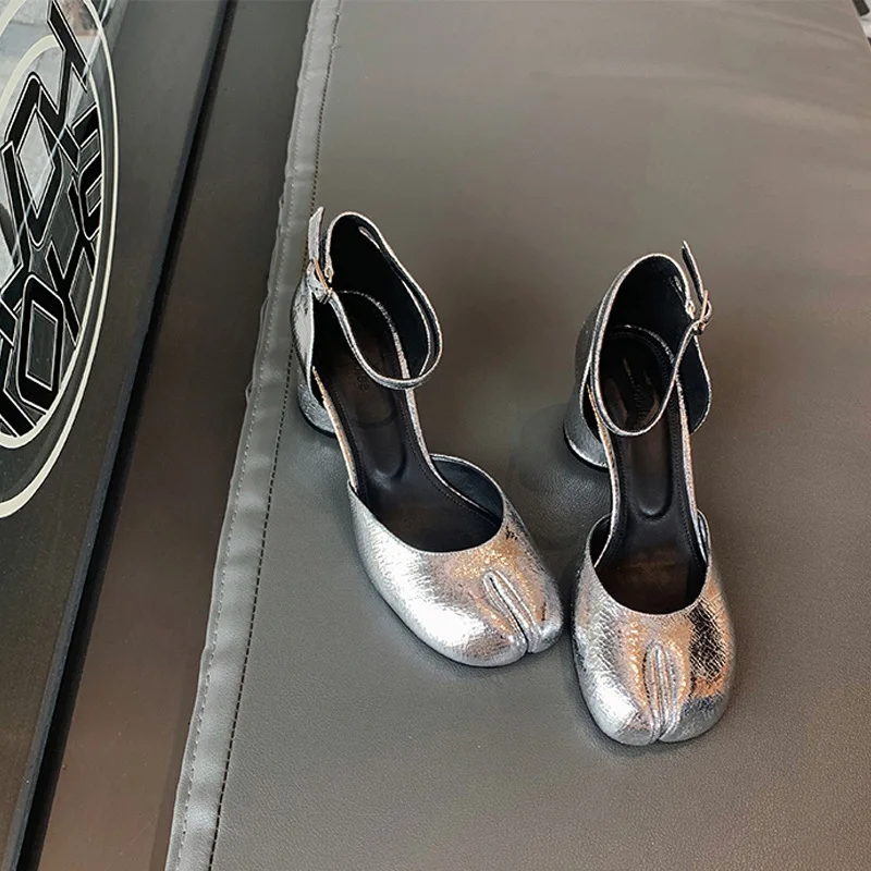 Brand Designer Tabi ninja high heels shoes woman ankle strap silver crack leather pumps split toe D'orsay mary janes shoes woman 4