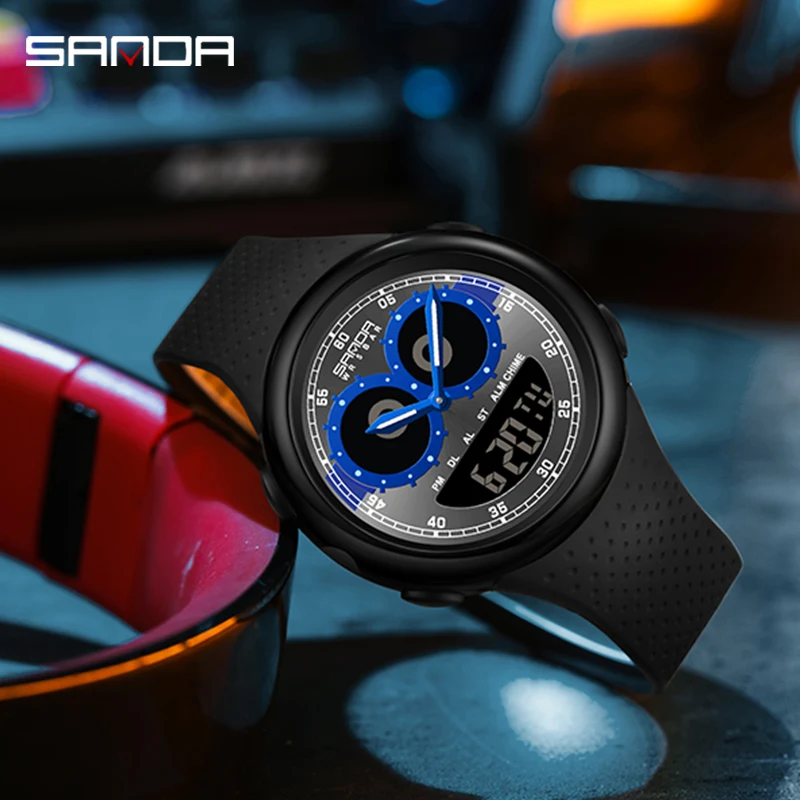 Sanda 6118 Fashion Cool Design TPU Strap Relojes For Men Stainless Steel Back Analog Digital Movement Electronic Hand Watch
