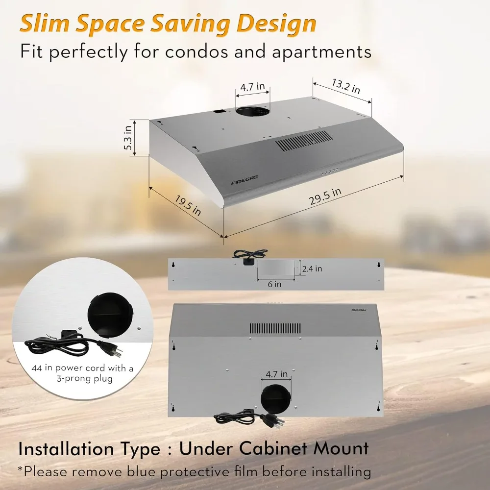 Under Cabinet Range Hood 30 inch with Ducted/Ductless Convertible,Kitchen Hoods Over Stove Vent, LED Light, 3 Speed Exhaust