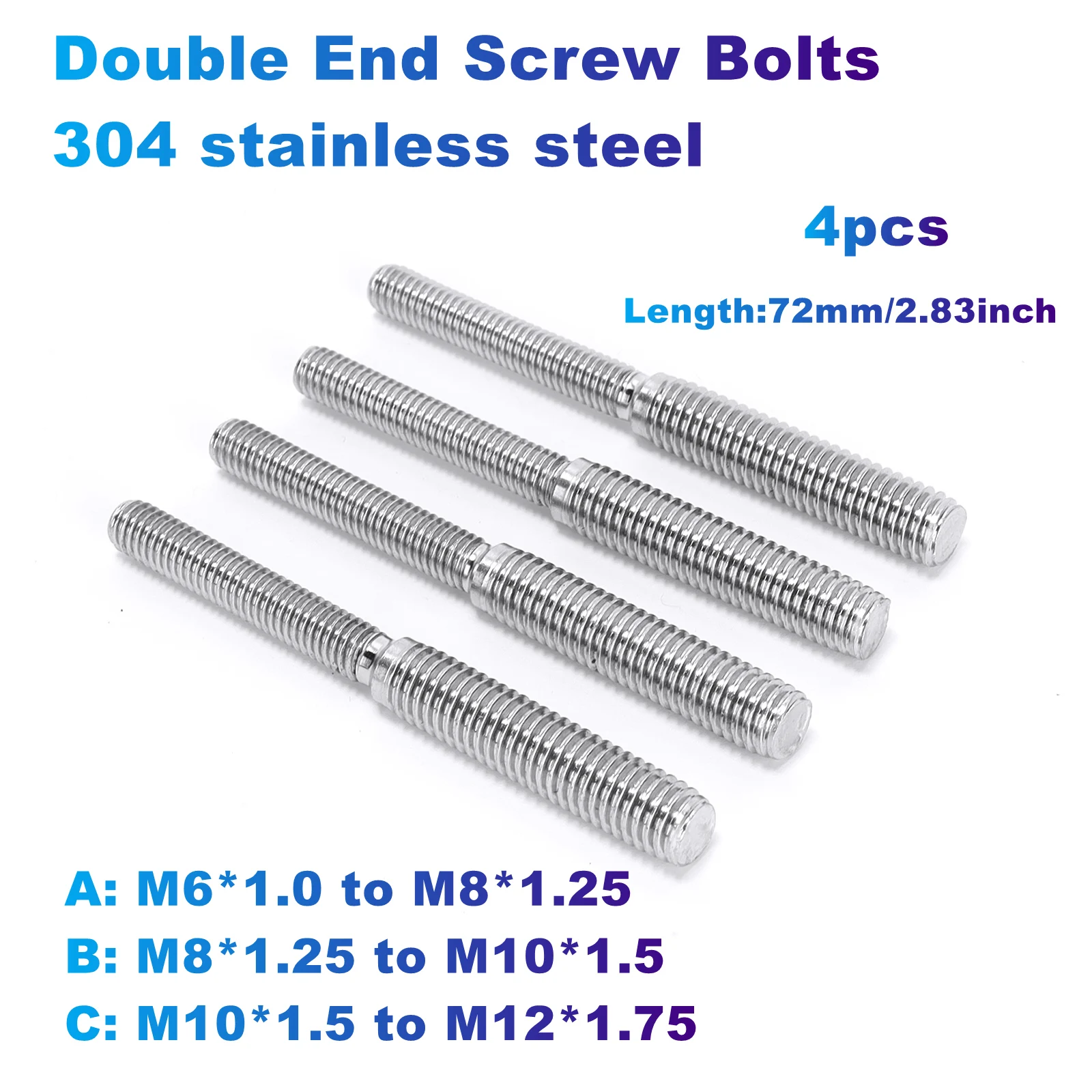 4Pcs Double End Screw Bolts 304 Stainless Steel M6*1.0 to M8*1.25/M8*1.25 to M10*1.5/M10*1.5 to M12*1.75 Threaded Stud Fasteners