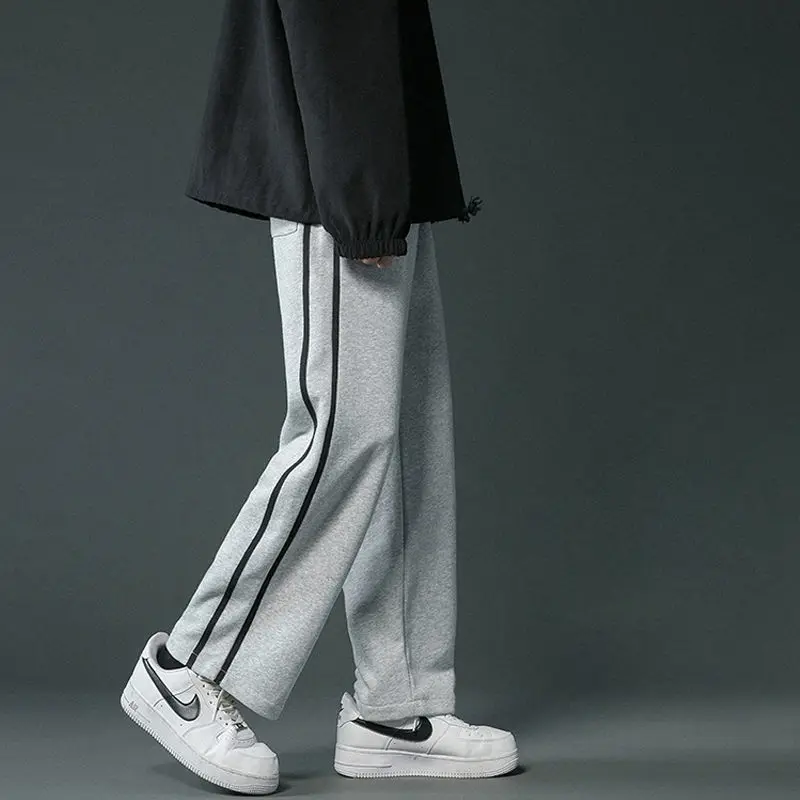 Korean Fashion Men Clothing Straight Sweatpants Spring Autumn Streetwear Casual Versatile Elastic Waist Loose Striped Trousers