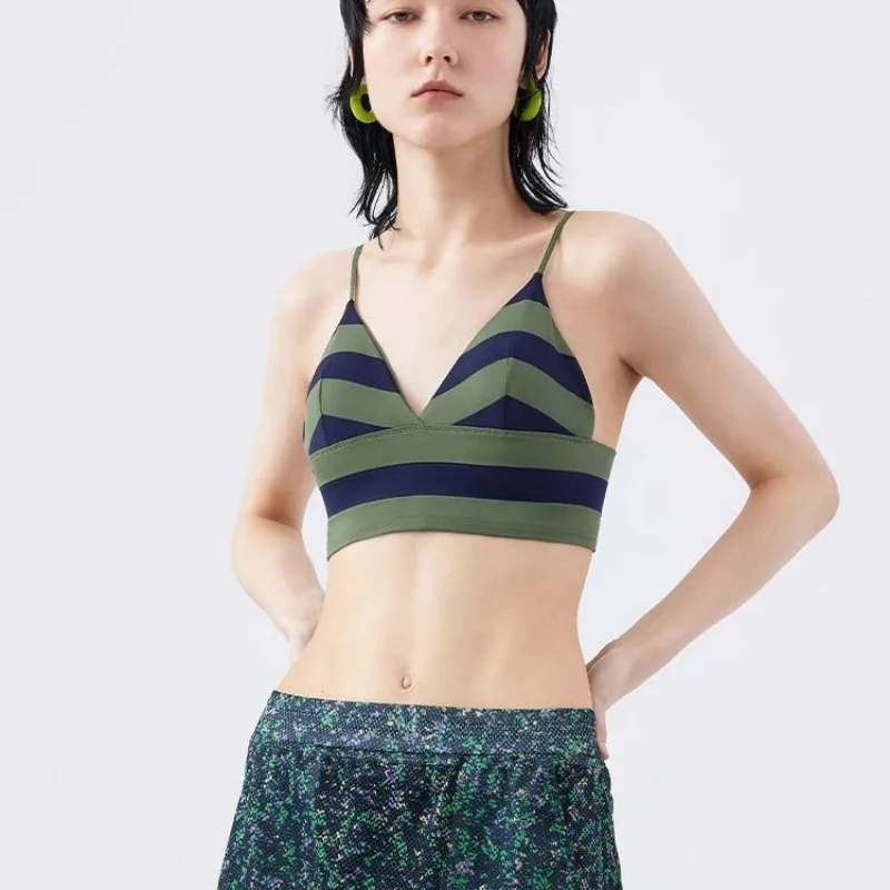 European American Fashion Sexy Stripes Panelled Sports Bra Women High Elasticity Casual Beautiful Back Vest Lingerie Yoga Suit