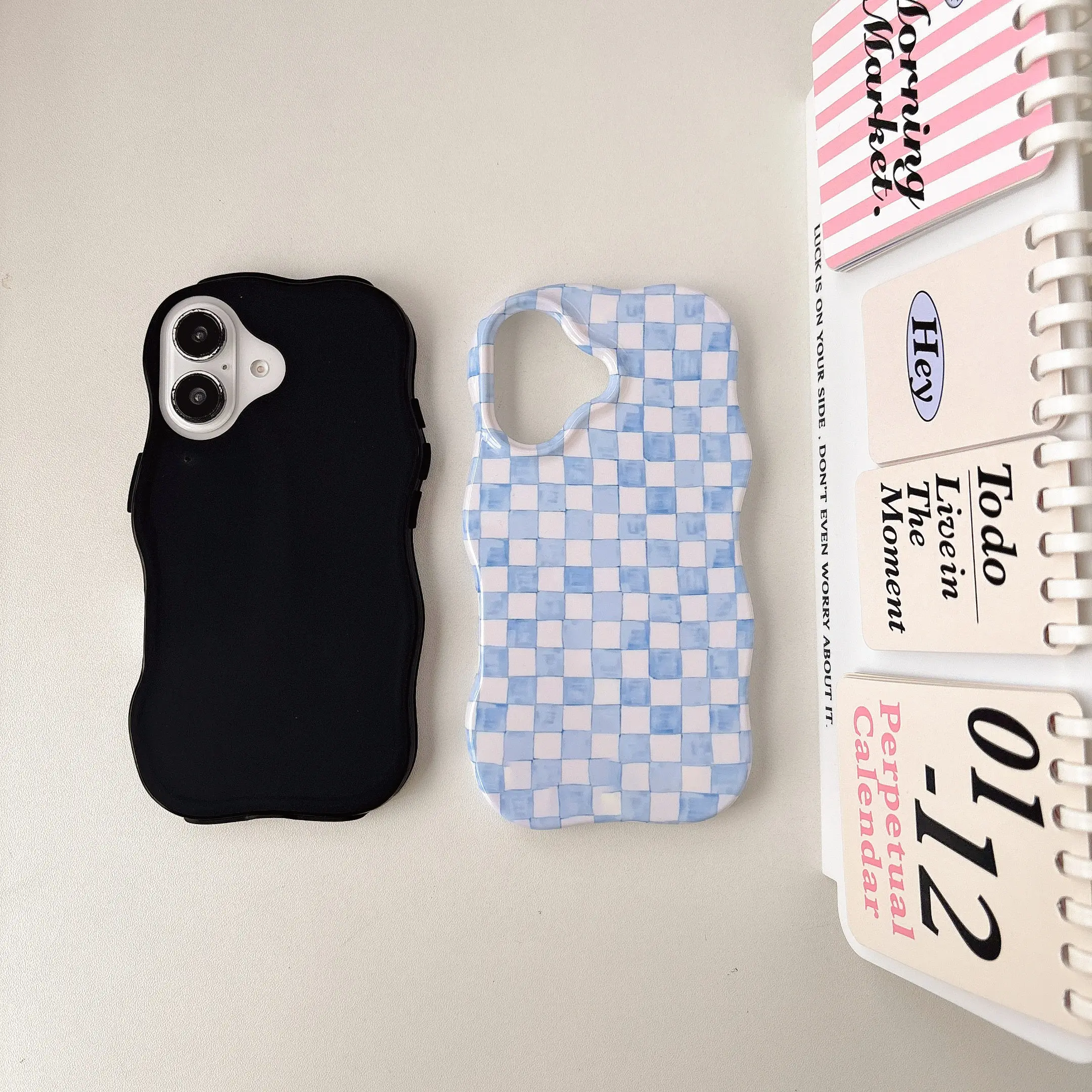 Grid Glossy 2-in-1 TPU+PC Phone Case with Wave Edges and Comfortable Touch - Hard Slim Back Cover Shell