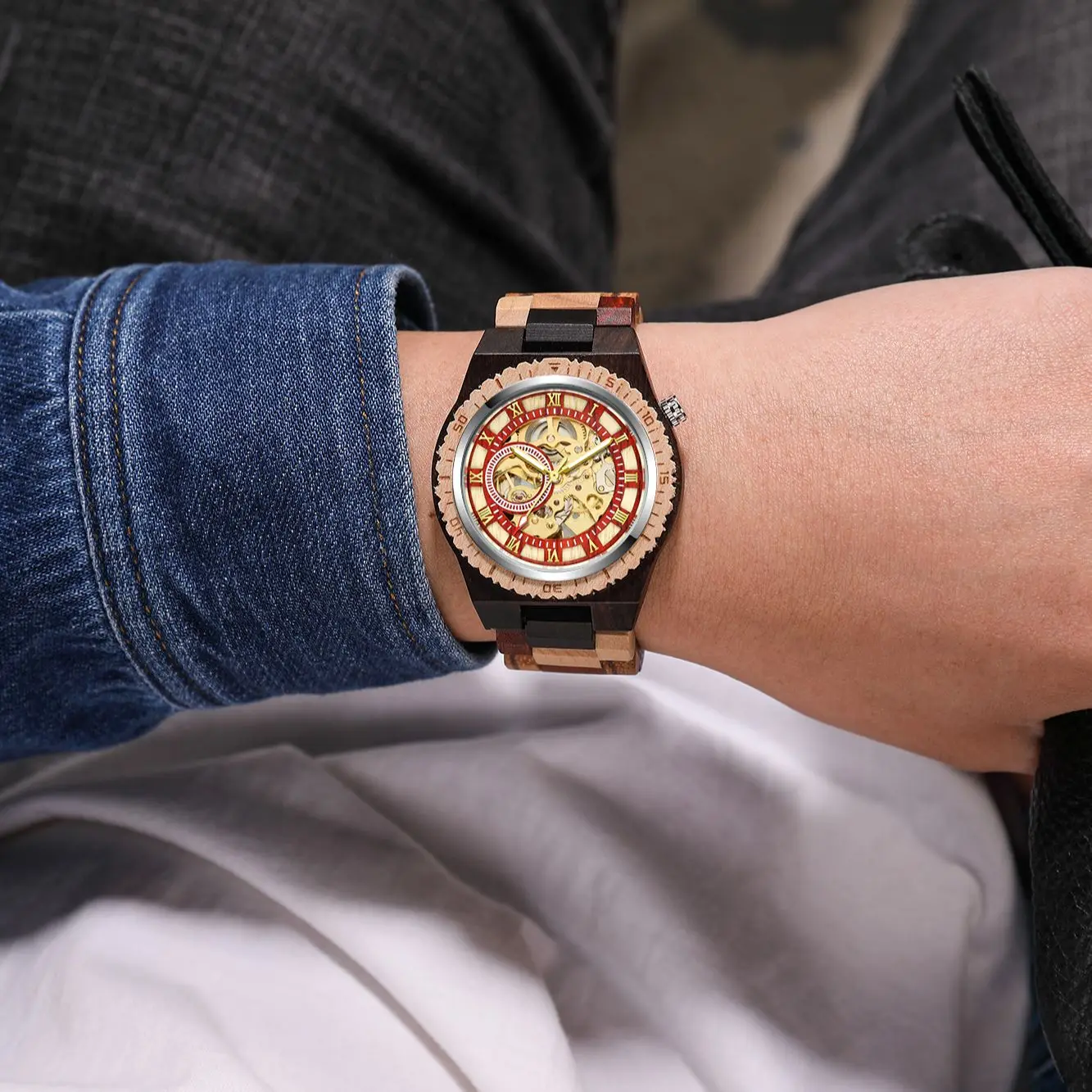 Top Brand Luxury Mens Watches Round Automatic Watch for Men Fashion Wood Clock Adjustable Wooden Bracelet Mechanical Wristwatch