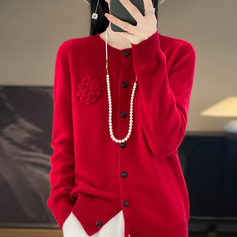 100% Merino Cashmere Sweater Women's Cashmere Cardigan sweater loose solid color autumn and winter comfort top 6