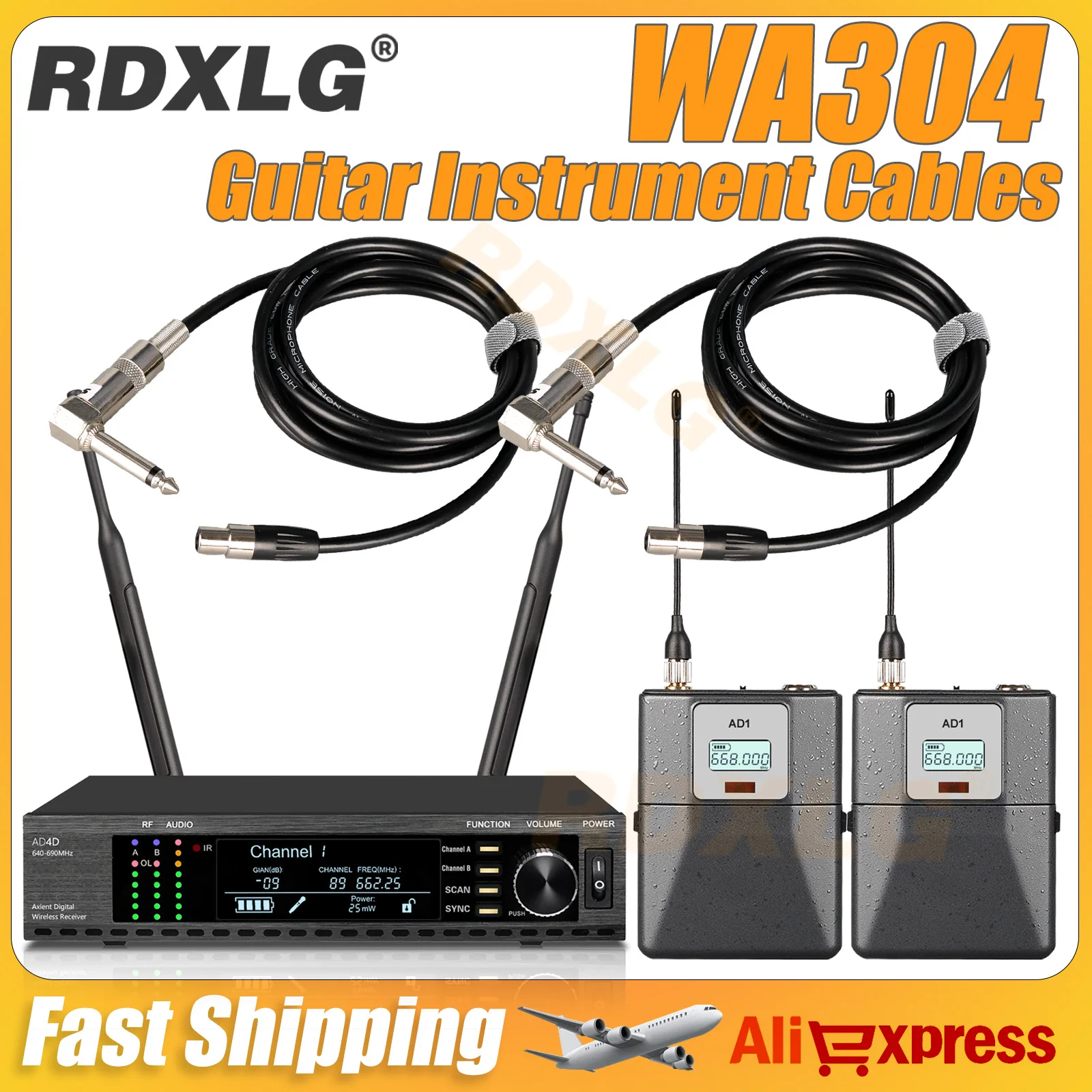 RDXLG AD4D WA304/302 악기 케이블 전문가용 듀얼 채널 기타 베이스 무선 시스템 송신기 및 수신기, 밴드용