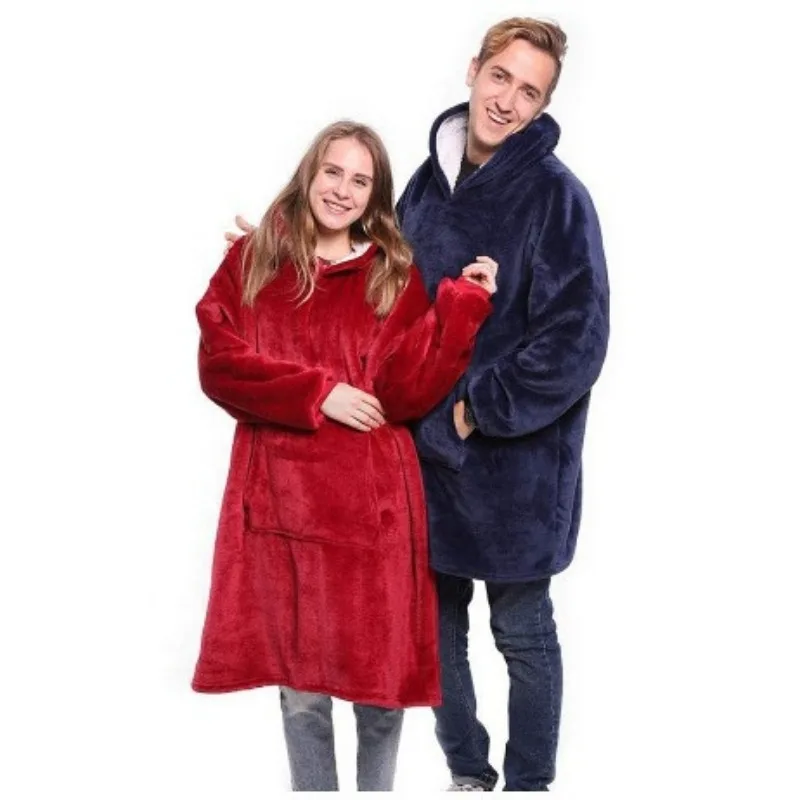 Winter Couples Fleece Homewear Thickened Warm Medium-length Lazy Robe Crew Neck Style Outdoor Use For Men Women