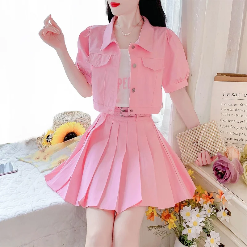 Three-Piece Slimming Suit with Bubble Sleeve, Thin Jacket, Halter Top, A-word Skirt, Sexy Fashion Cardigan, Summer, 2023