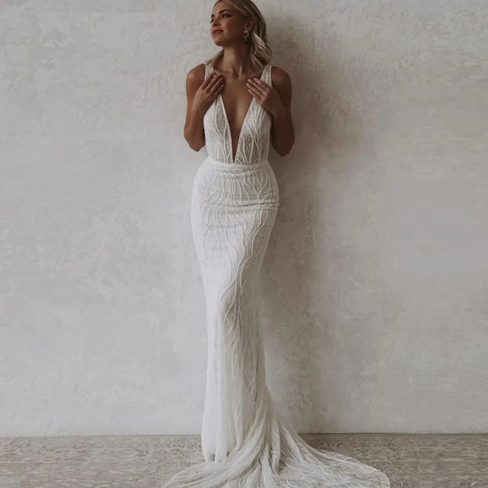 Sexy V-Neck Wedding Dresses Sleeveless Mermaid Lace Appliques Floor Length Exquisite Robes Vestidos De Novia 2025 Customized 3