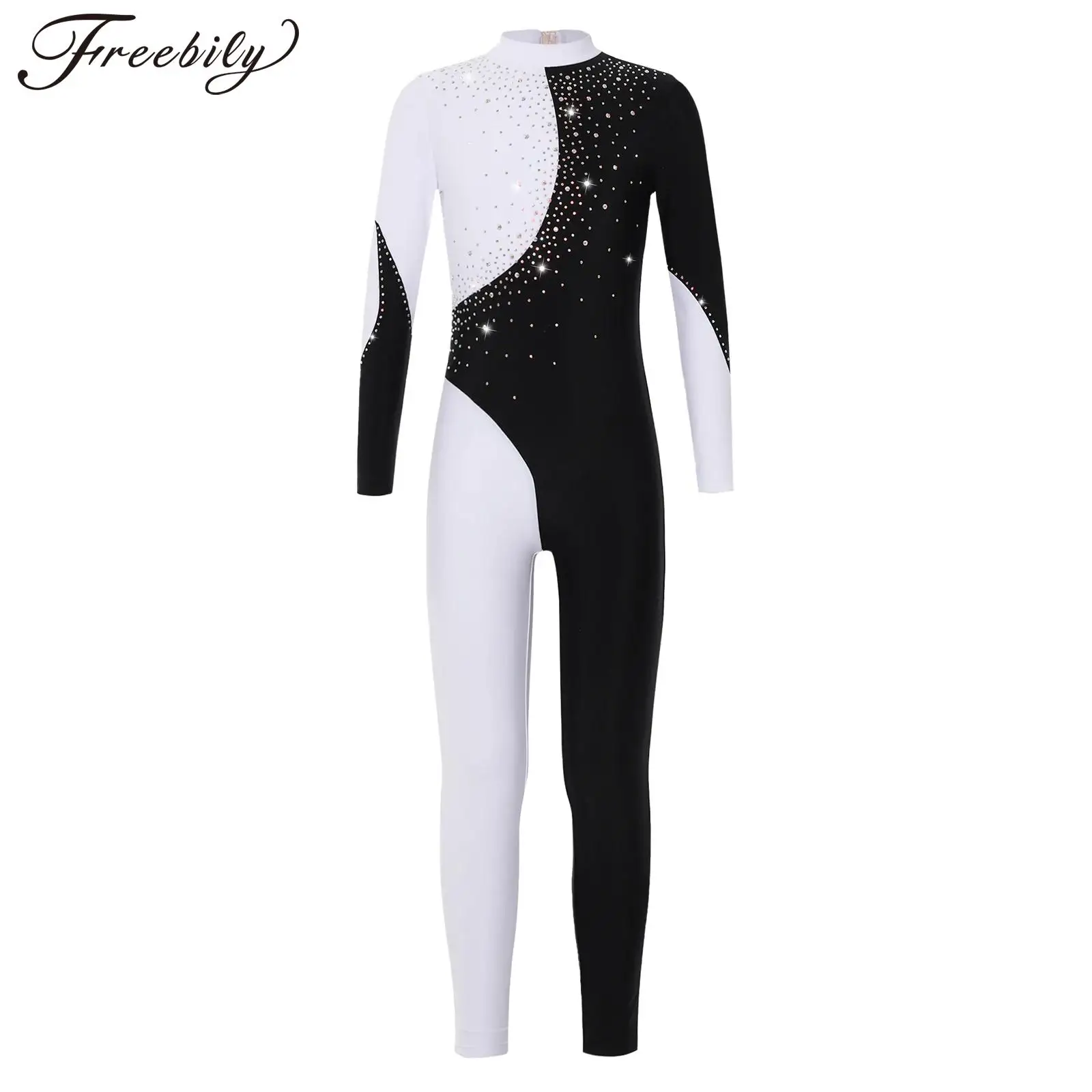 

Teen's Gymnastics Jumpsuit Kids Long Sleeve Ice Skating Bodysuit for Girl Child Shiny Rhinestone Ballet Dance Leotards Dancewear