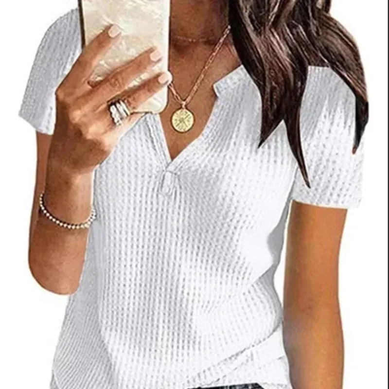 

Women's T-shirt new solid color short sleeved V-neck waffle daily fashion top women's clothing