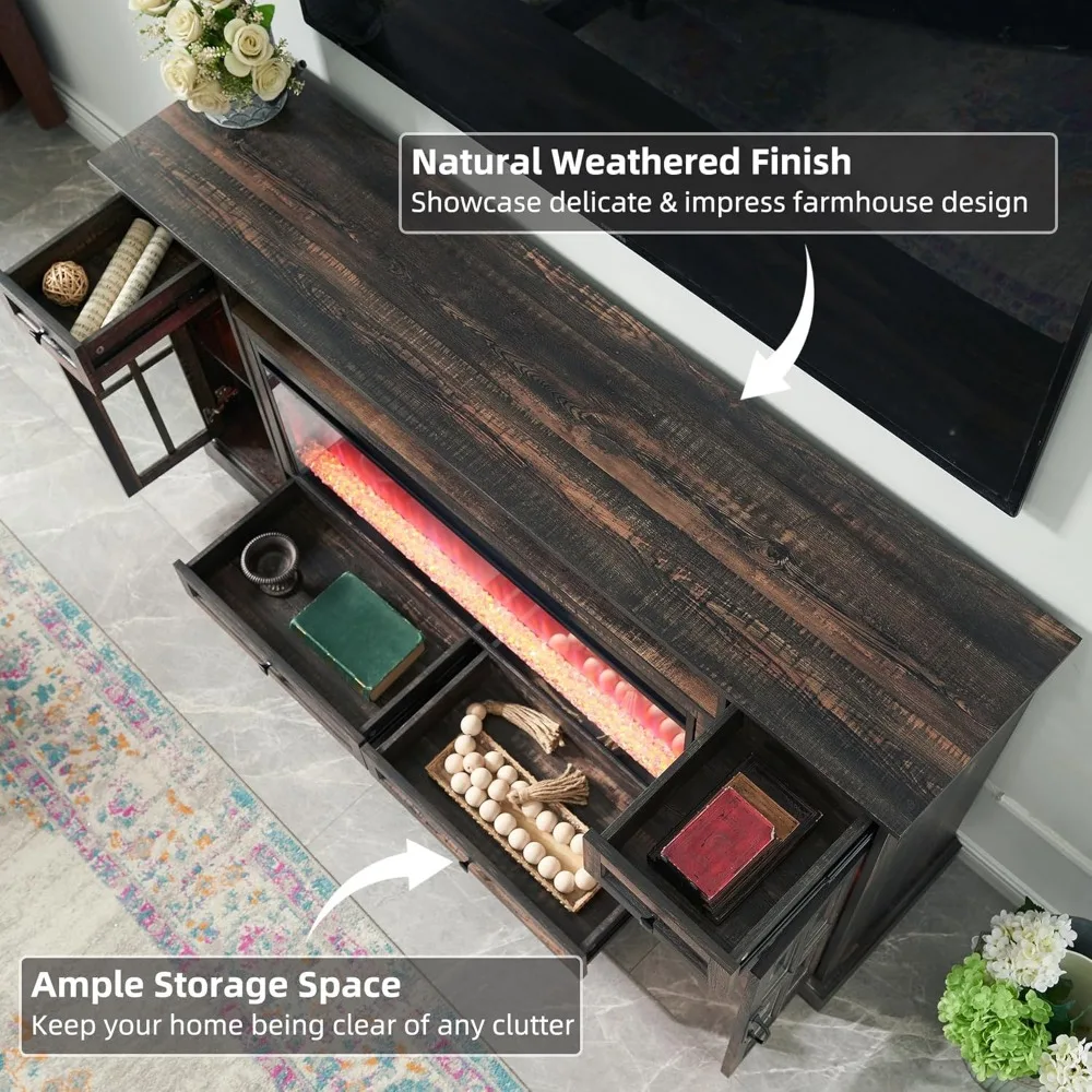Fireplace TV Stand for 80 Inch TV, Farmhouse Entertainment Center with 42" Fireplace & LED Lights, Modern Media Console Table 5