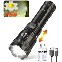 Powerful 9900LM LED Flashlight with Battery Display and USB Rechargeable Function - Telescopic Zoom Torch for Outdoor Camping and Fishing (Zoom P50-EU charger)