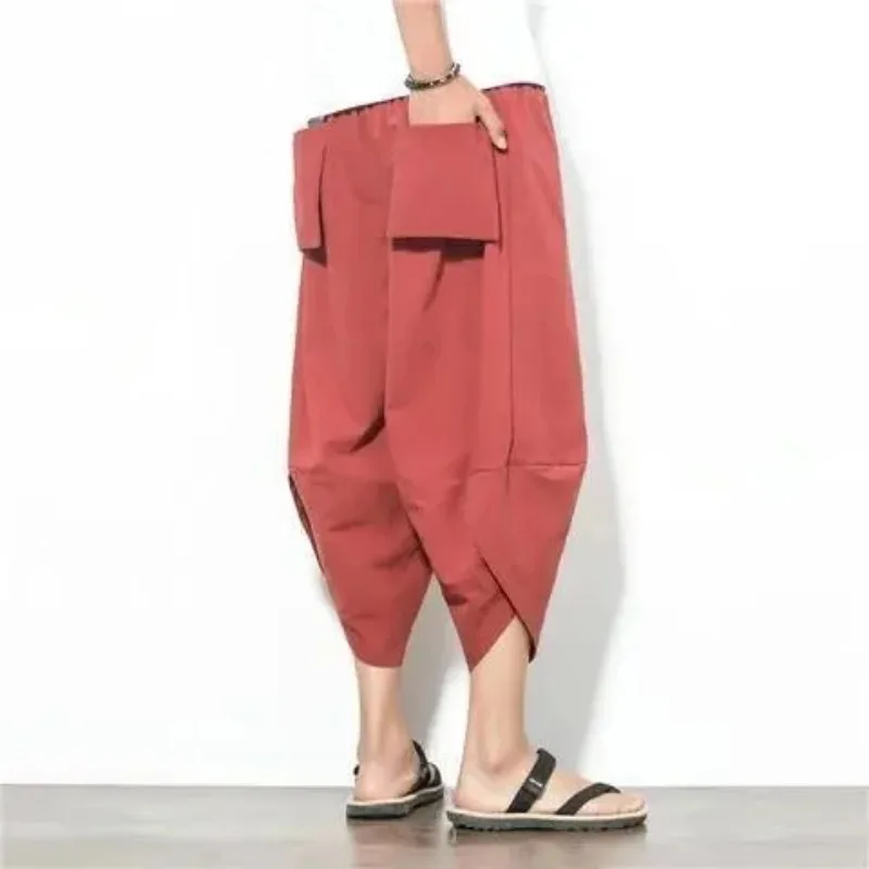 Summer Men Linen Loose Shorts Nylon Ethnic Style Trousers Trendy 9-inch Pants Cotton Polyester Fiber Adult Casual Pants