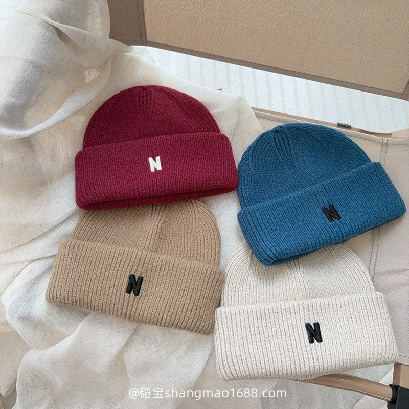 Korean Children's Autumn Winter New N-letter Knitted Hats for Boys Girls Simple Versatile Baby Foreign-style Wool Pullover Hat