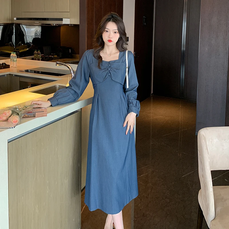 

Dress for Women French 2023 New Spring High Waist Square Collar Lantern Sleeve Solid Color Loose Waist Knee Length Long Dress