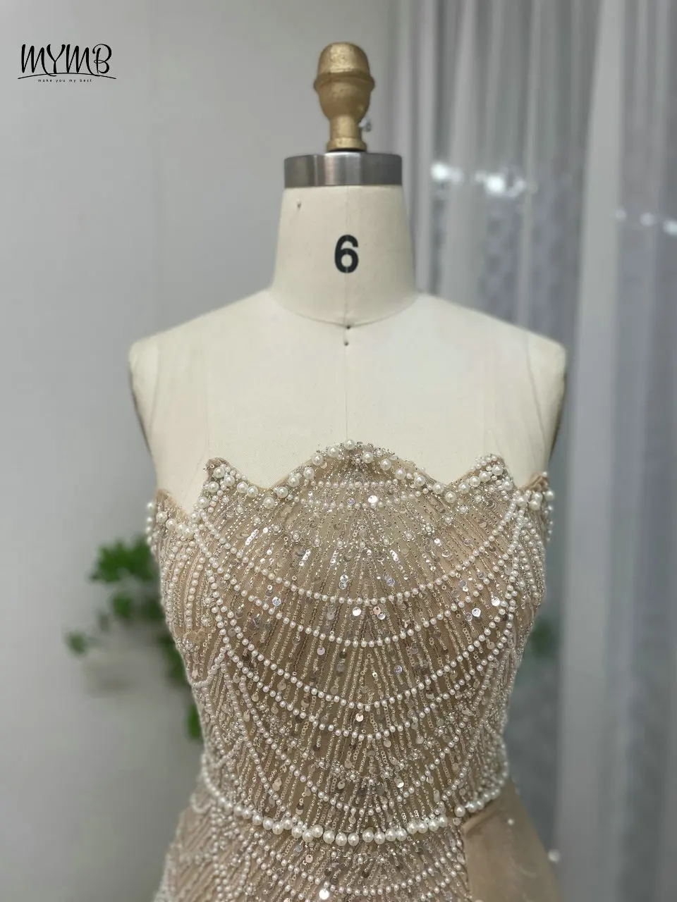 Mymb Champagner sexy träger lose Perlen Abend Abendkleid mit Seiten zug Luxus Meerjungfrau High Split Frauen Hochzeits feier Kleider – Detail 7