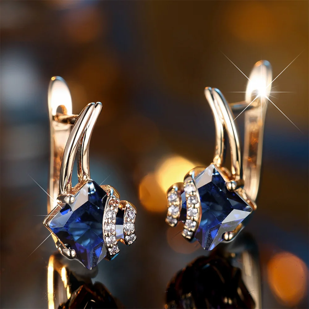 Square Stone Charm Blue Crystal Geometric Hoop Earrings For Women Vintage Gold Color Ear Buckle Wedding Jewelry Engagement Gifts