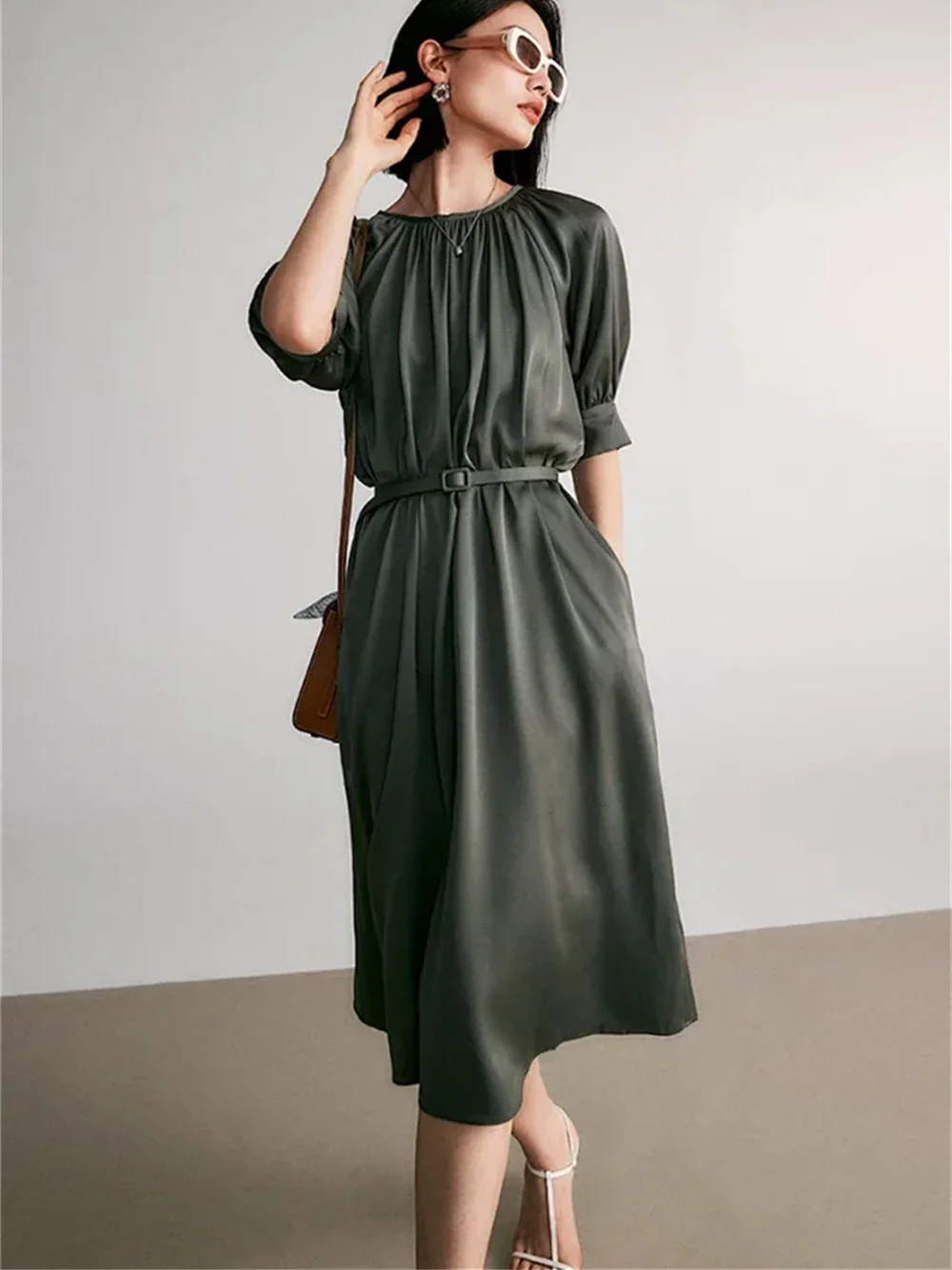 

Women Long Dress Pockets Simple Office Lady Summer O-Neck Half Sleeve Midi Robe With Belt