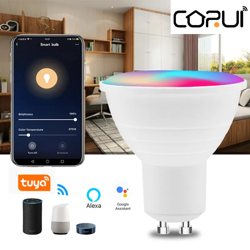 

CORUI WIFI Tuya Spotlight Smart Light Bulb 6W RGB+CW GU10 GU5.3 Lamp Bulb App Remote Control Alexa Google Home Voice Control