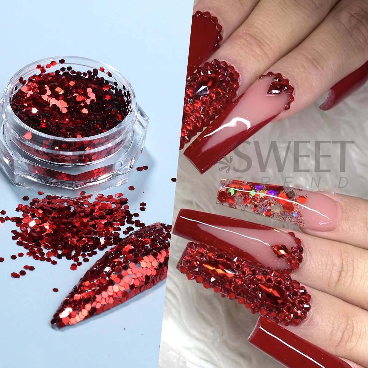 12pcs Reflective Red Nail Glitter Sequins New Year Style Hexagon Slices Spangles Happy Festive Valentine's Manicure Paillettes