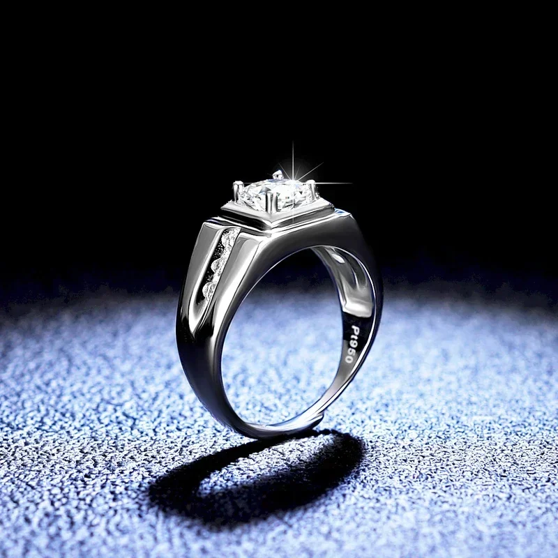 Platinum PT950 1 Carat Moissanite Ring, Men's Gift for Eternity, Engagement and Wedding