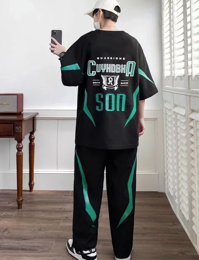 Men's Two-Piece Sports Suit T-Shirt & Pants Set XL Korean Style