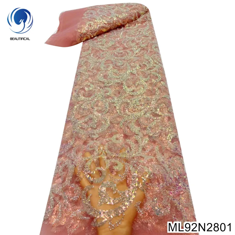 

Classics Silver Pink 2023 French Heavy Beaded Lace Nigerian Sequins Net with African Tulle Lace Fabric Wedding Dress ML92N28