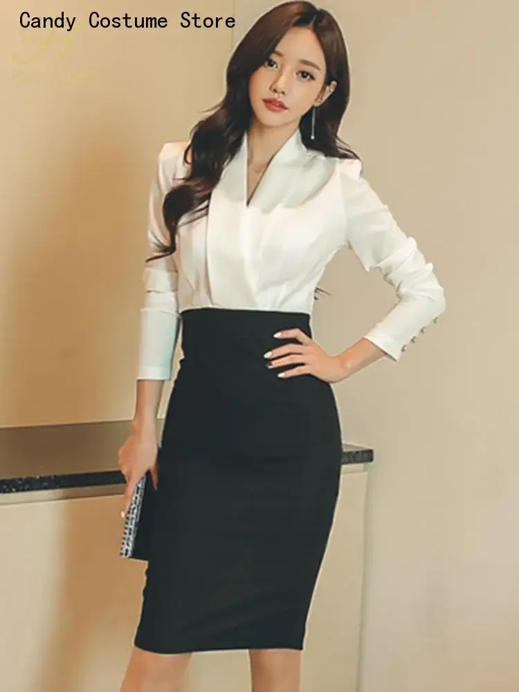 

Women's Dresses Hot sale Autumn Black White Stitching Office Sheath Bodycon Pencil Dress High Waist Chic Party