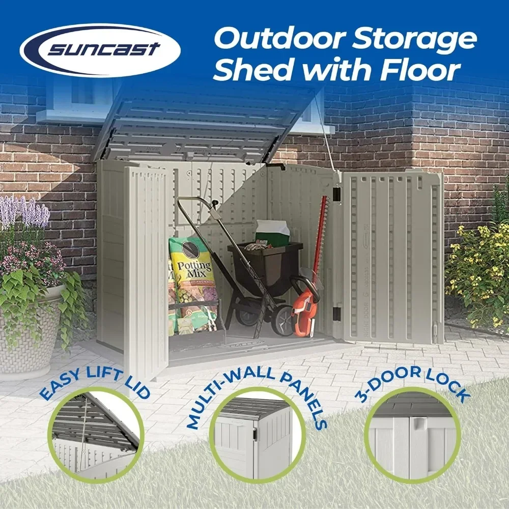 Horizontal 34 Cubic Feet Plastic Outdoor Storage Shed with Floor and 3 Door Locking System for Backyard, Garage, or Patio Use 2