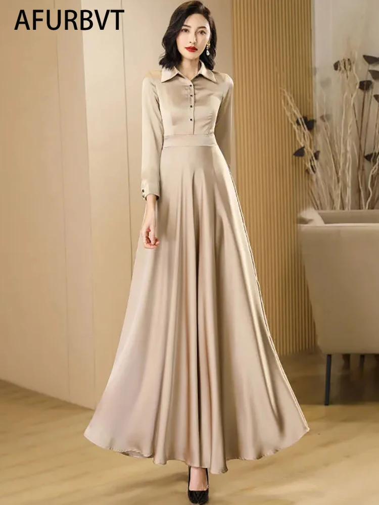 

New Women Champagne Shirt Style Long Dress Spring Autumn Casual Fashion Acetate Satin Long Sleeve Dress Slim Overlength Dress