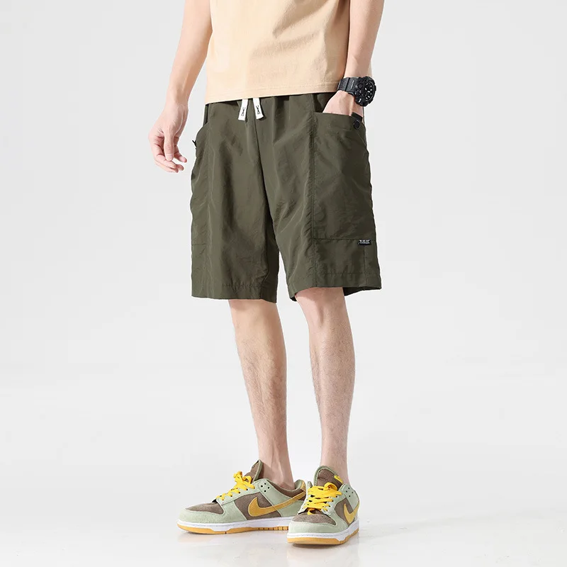 Ice Shreds Trousers Summer New Men's Elastic Drawstring Patchwork Pockets Embroidery Sweatpants Trendy Loose Straight Shorts