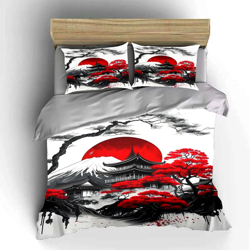 Red Sun, Snowy Peaks, Japanese Aesthetic Printed Duvet Cover Set1 Duvet Cover+2 PillowcaseMulti Size Bedroom Bedding Decor 5
