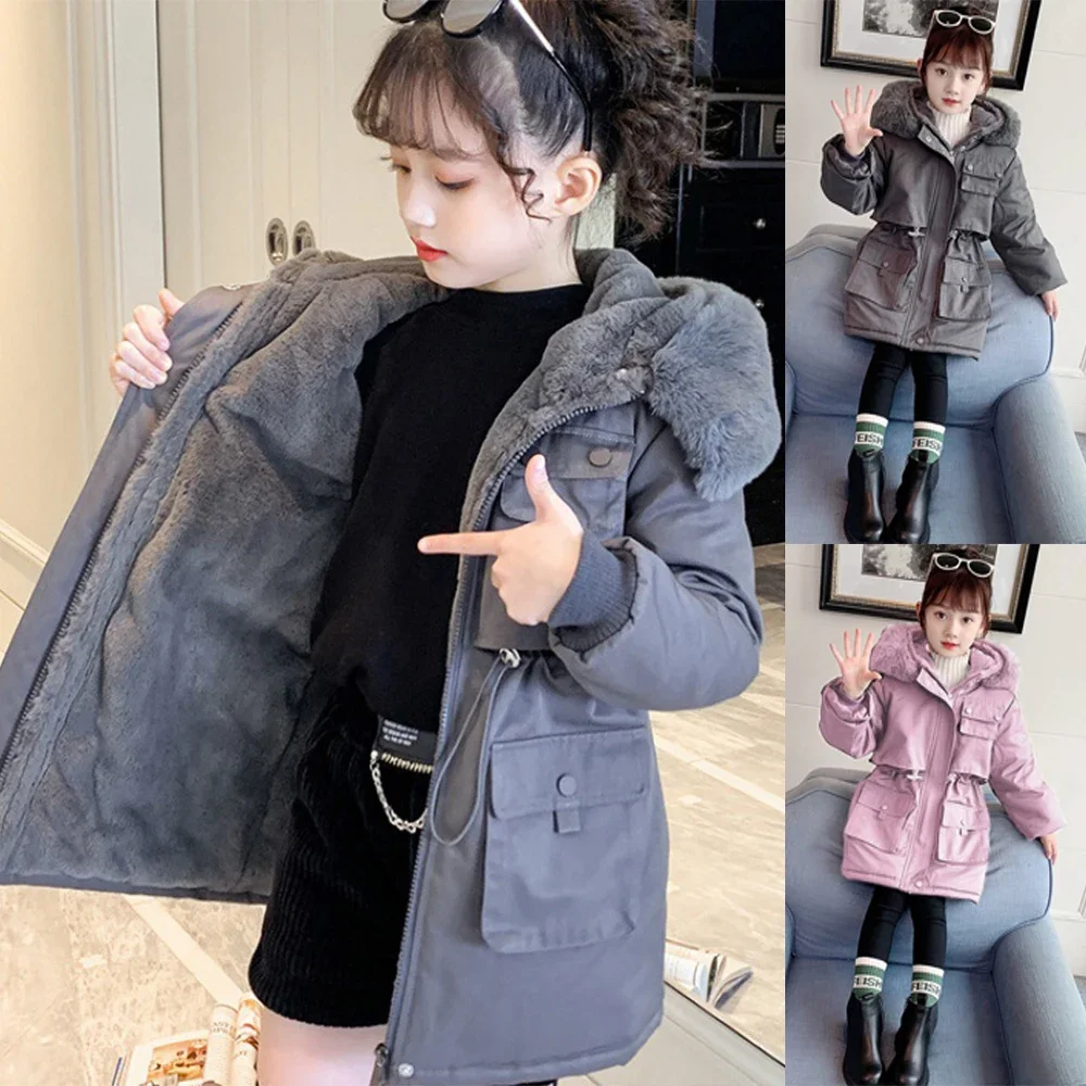 

Winter Girl Cotton-padded Jacket Solid Color Thick and Velvet Warm Hooded Parka Casual Fashion Pocket Cotton-padded Jacket