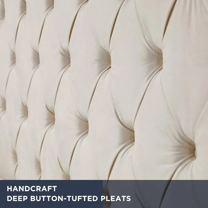 Velvet Upholstered Bed Frame Queen Size 61.4" Tall Headboard Queen Bed Frame/Deep Button Tufted/No Box Spring Needed/Cream 4