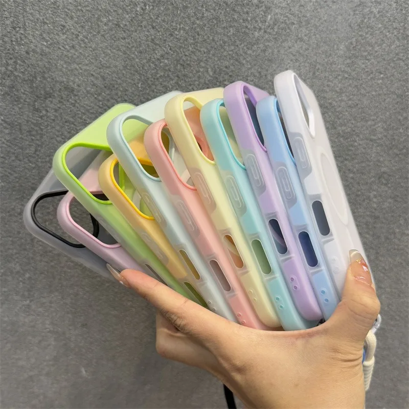 Magsafe Jelly Candy Color Contrast Lanyard Case with Hand Wrist Strap - Matte Soft Cover