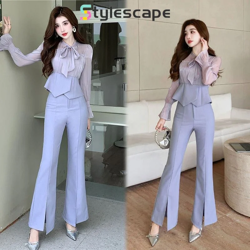 

2024 New Spring Fashion Set Western Style Shirt Flare Pants Small Fragrant Wind Slimming Casual Suit Two Piece Set for Woman