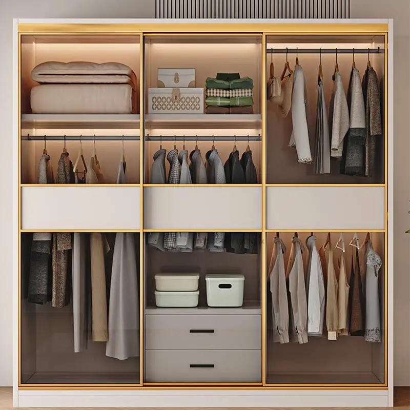 Simplicity Portable Wardrobe For Clothes With Transparent Glass Sliding  Door Modern Bedroom Furniture Garment Closet Combination