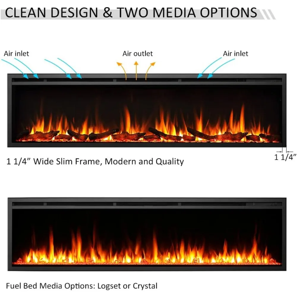 72" W Smart Wall Mount & in Wall Recessed Electric Fireplace Insert, Heater 750W/1500W, Multi Colors of Flame & Fuel Bed 3