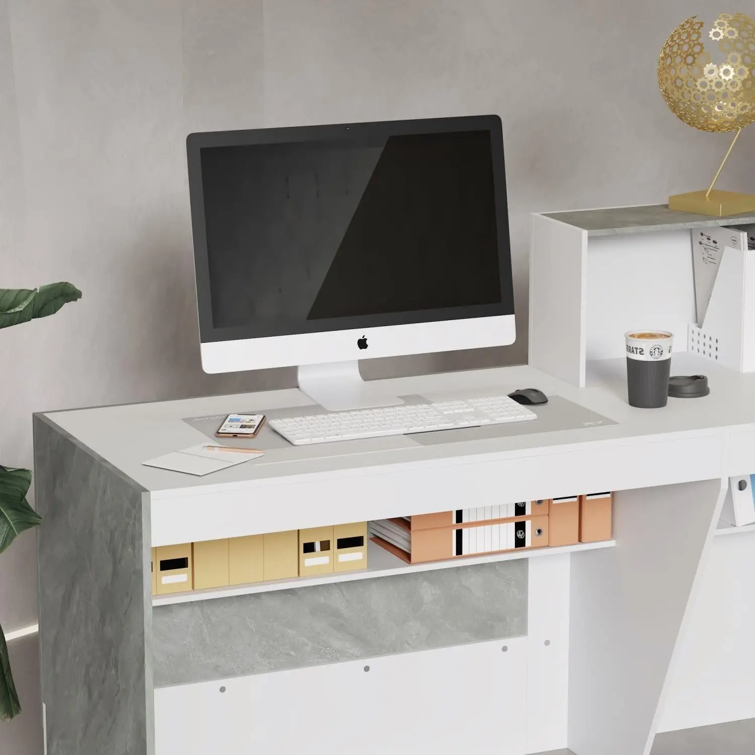 Reception Desk with Shelves Front Counter Table Checkout Table Retail Counter for Reception Room Lobby Shop White and Grey 6