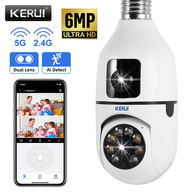 KERUI 6MP Dual Lens WiFi IP Camera 5G Wireless E27 Bulb Camera PTZ with Auto Tracking Surveillance Camera for Home Monitoring 4