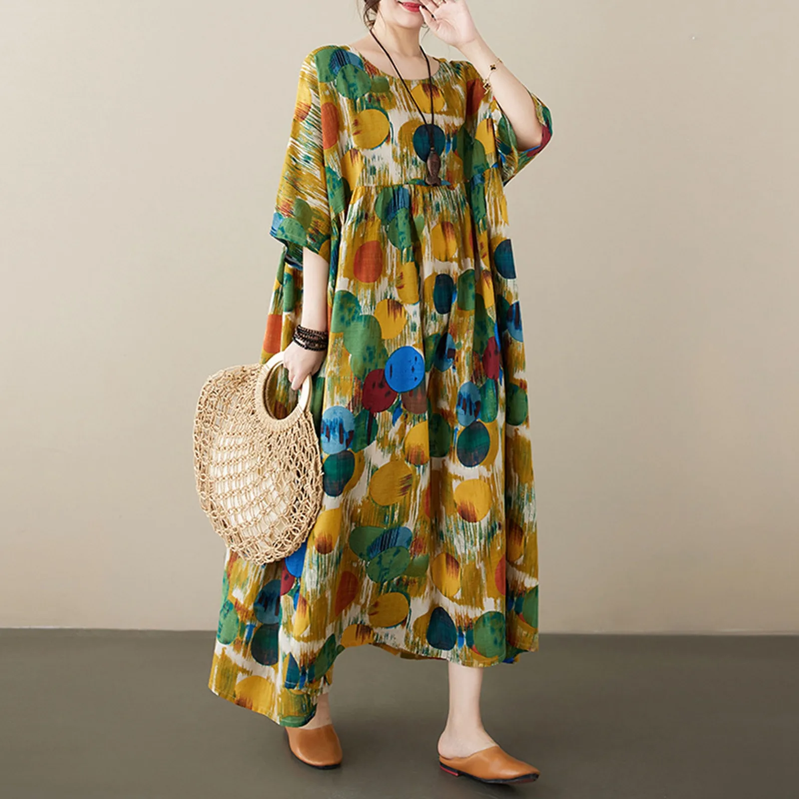 

Women's Fashion Bohemian Maxi Dress Loose Fit Round Neck Short Sleeve Gown Womens Long Summer Dresses
