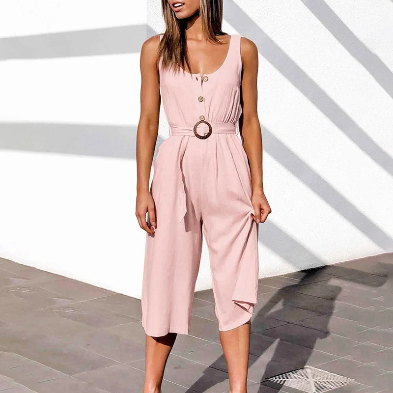 Women Elegant High Waist 2023 Summer Casual Overalls Ladies Sleeveless Solid Jumpsuits with Sashes Wide Leg Rompers for Female
