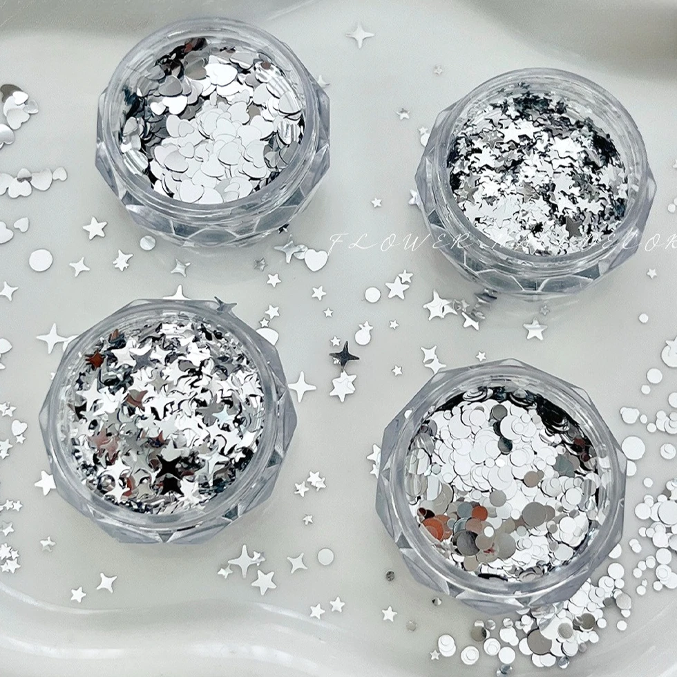 Silver Glitter Powder Sequin Geometric Heart Round Star Nail Art Shiny Accessories Decorations Manicure Tool