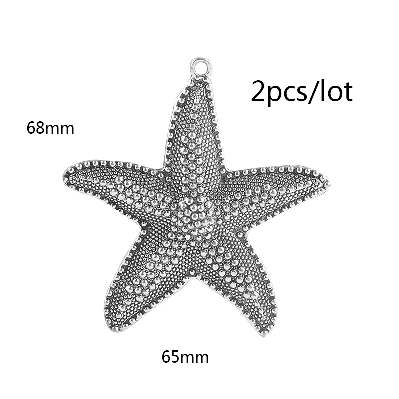 

2pcs/Lot 65x68mm Zinc Alloy Antique Vintage Silver Plated Starfish Charm Pendants For Bracelet Necklace DIY Jewelry Making