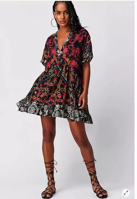 Color Vintage Print Mini Dresses Women Spring Summer New V-neck Short Sleeves Folds Loose Irregular Short Dress Fashion Vestidos