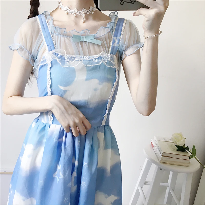 Women Super Fairy Sheer Mesh Short Sleeve Tops Transparent Sweet Princess Lolita Shirts Kawaii Lace Tops Mori Girl Bottom Blouse lolita blouses